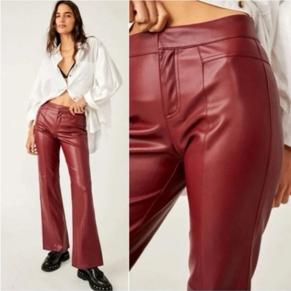 Free People Uptown High Waist Faux Leather Flare Pants in Mulberries
